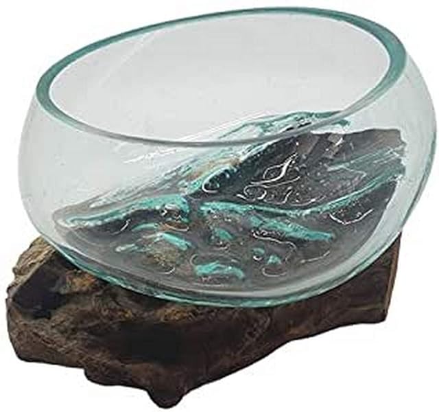 VIE Naturals Molten Glass Terrarium on Balanese Gamal Wood Basket, 15cm Diameter