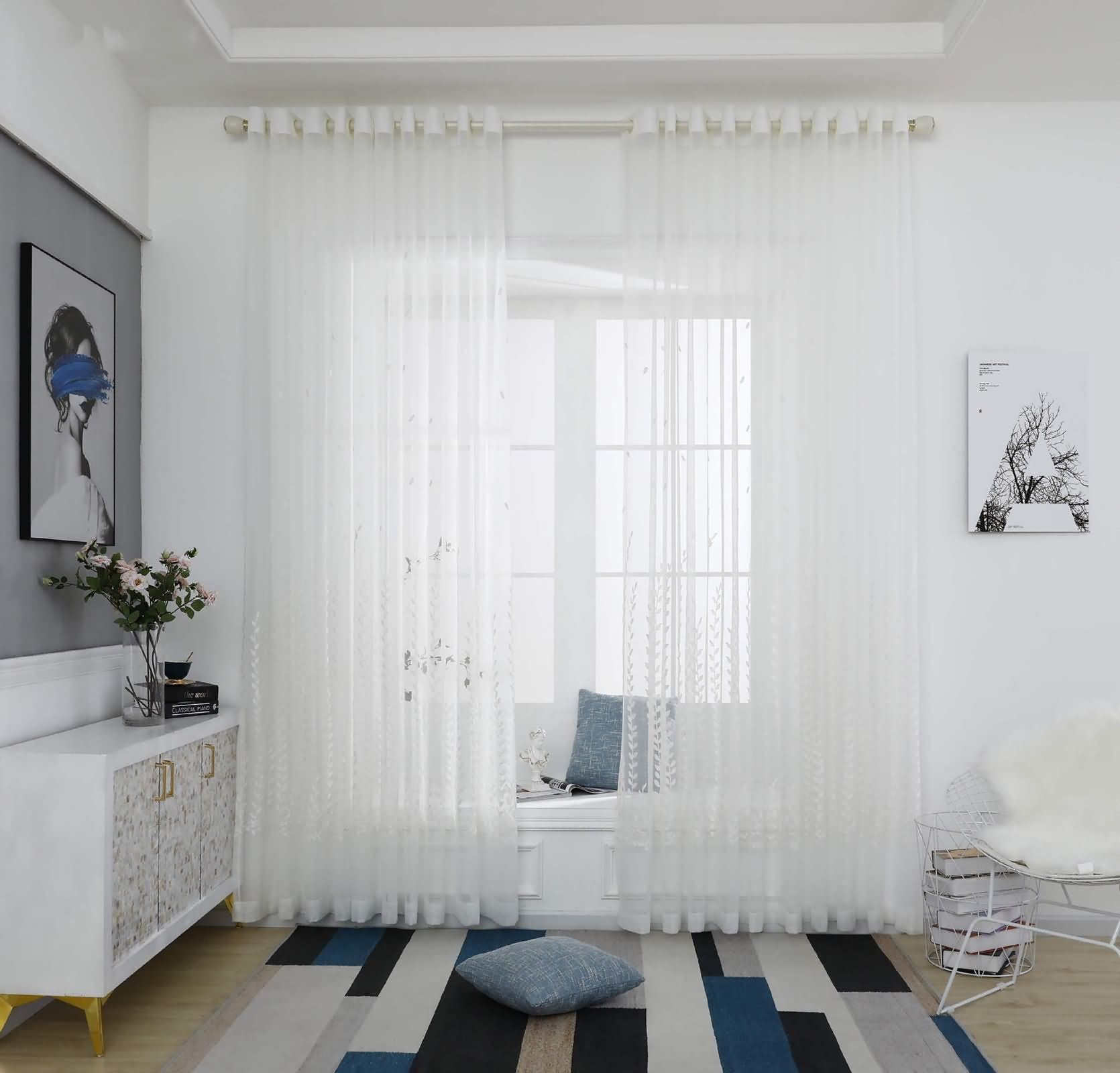 Tenda Salotto Trasparente, 250x270cm Modello a foglia jacquard Tenda decorativa per camera da letto/cucina, Occhiello, Bianco