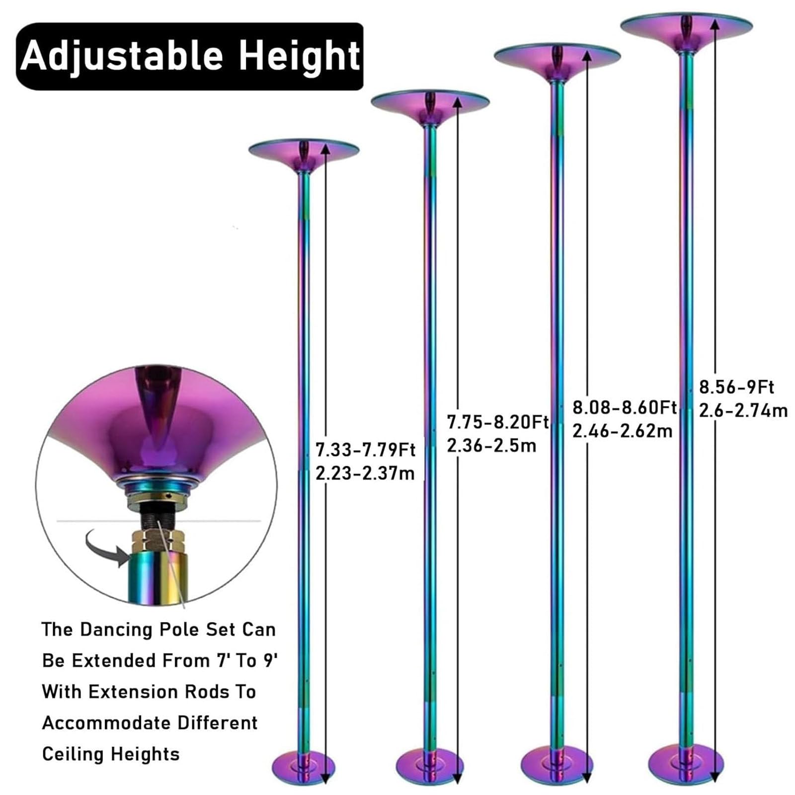 Pole Dance Pole, Palo da Ballo Professionale, Asta da Pole Dance da 45 mm con modalità Statica e Rotante, Regolabile da 2,23 a 2,74 m, Adatta per Palestre, Feste,Colorful