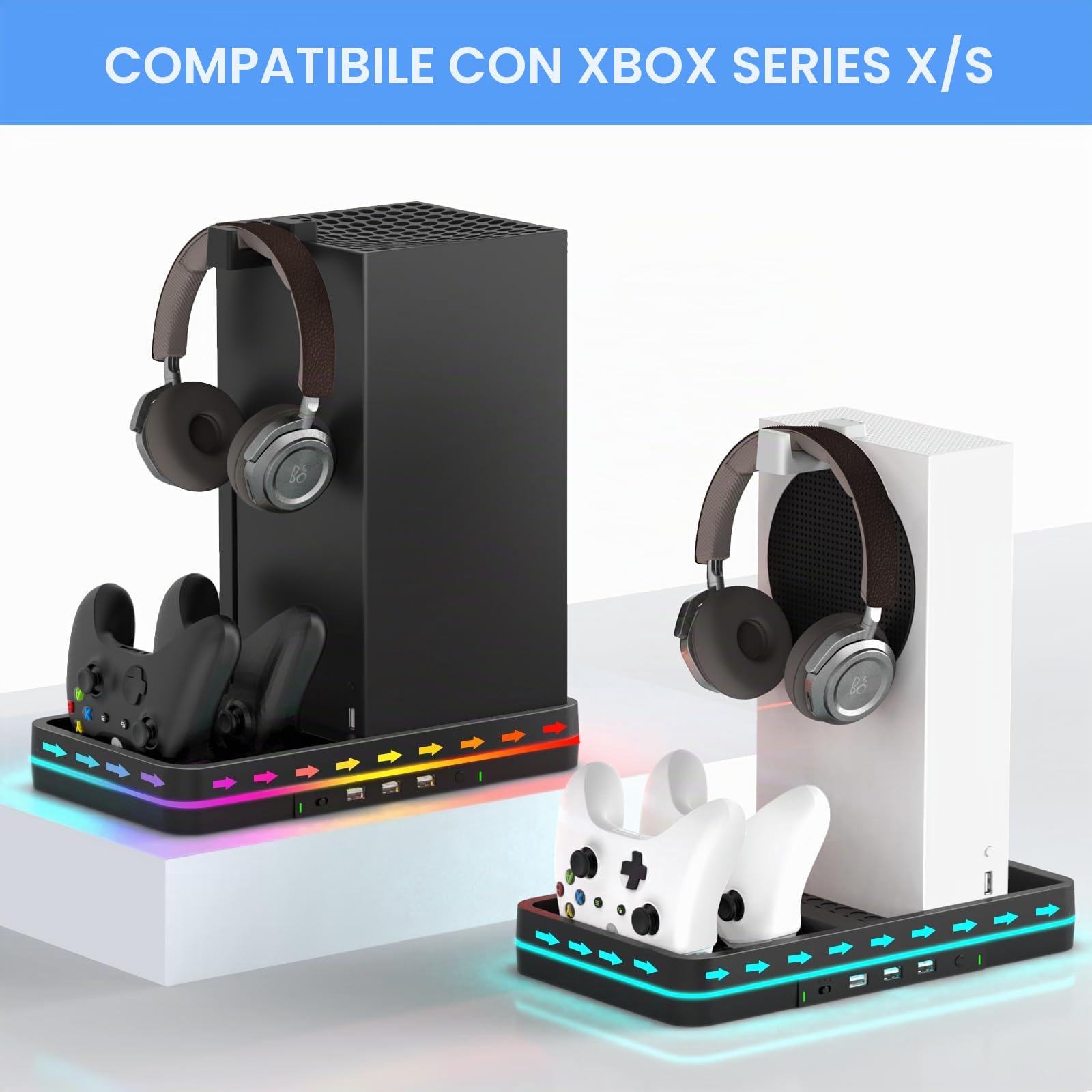 Doppia ventola di raffreddamento e supporto di raffreddamento per console/controller Xbox Series X/S, stazione di ricarica doppio controller Xbox con luce LED RGB e 3 porte USB, accessori Xbox Series