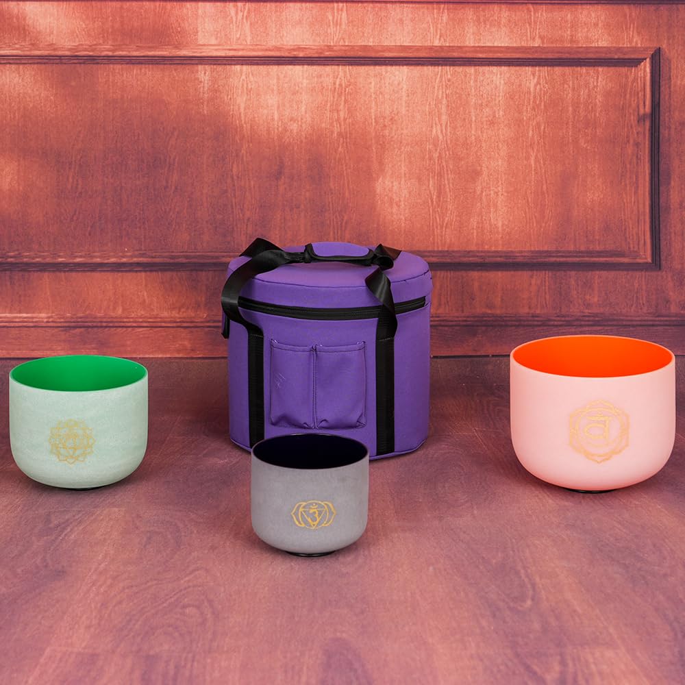 Bol chantant en cristal de quartz givré avec motif chakra coloré 17,8 cm A + 22,9 cm F + 28 cm D + étui pour la méditation, le yoga et la relaxation
