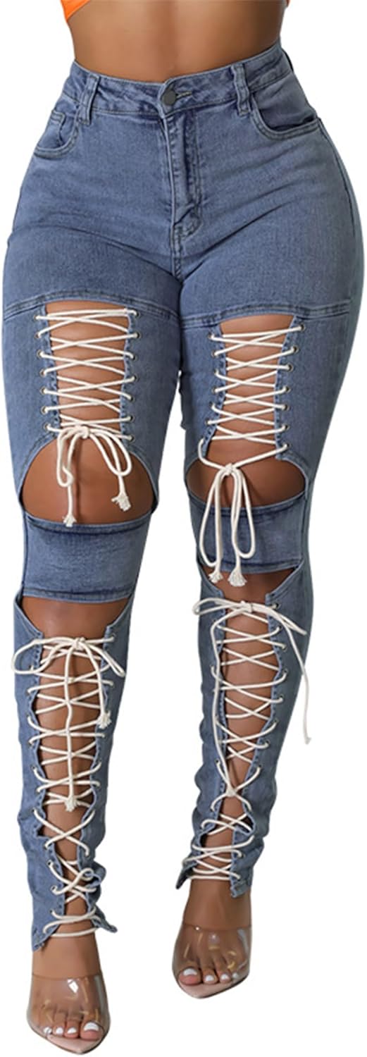 xxxiticat Women's Lace Up Denim Pants High Waist Cutout Bandage Criss Cross Bow Tie Destroyed Hollow Out Jean Trousers