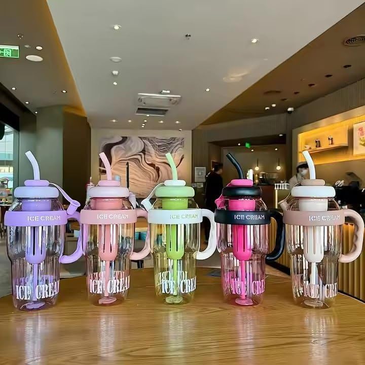 Image of Ice Cream Insulated Water Bottle with Straw and Handle, 1300ml, BPA Free, Leak Resistant, Large Capacity Tumbler - Multicolor