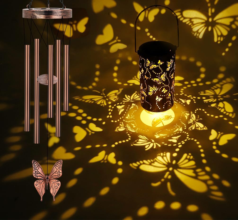 YHmall Butterfly Wind Chimes for Outside, 35'' Solar Wind Chimes Butterfly Gifts for Women Grandma Mom Solar Lanterns Memorial WindChimes Outdoors for Garden Christmas Decor