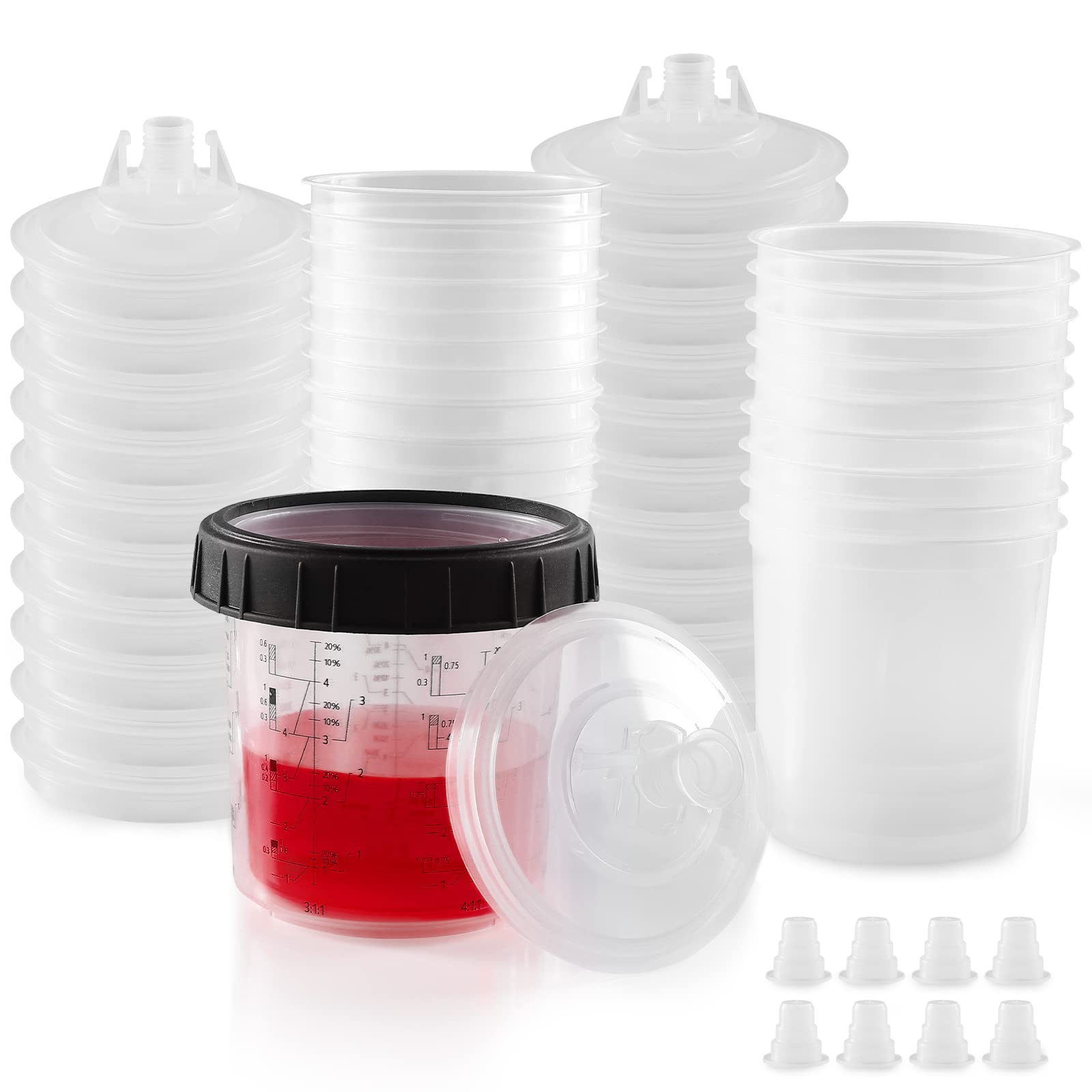 Spray Paint Cups Paint Spray Gun Cup Liners and Lid System 20 Paint Cups Pack 20 Ounces (600ml) Kit Includes 20 Lids with Strainer,1 Hard Cup with Retainer Ring 8 Plugs 20 Cups