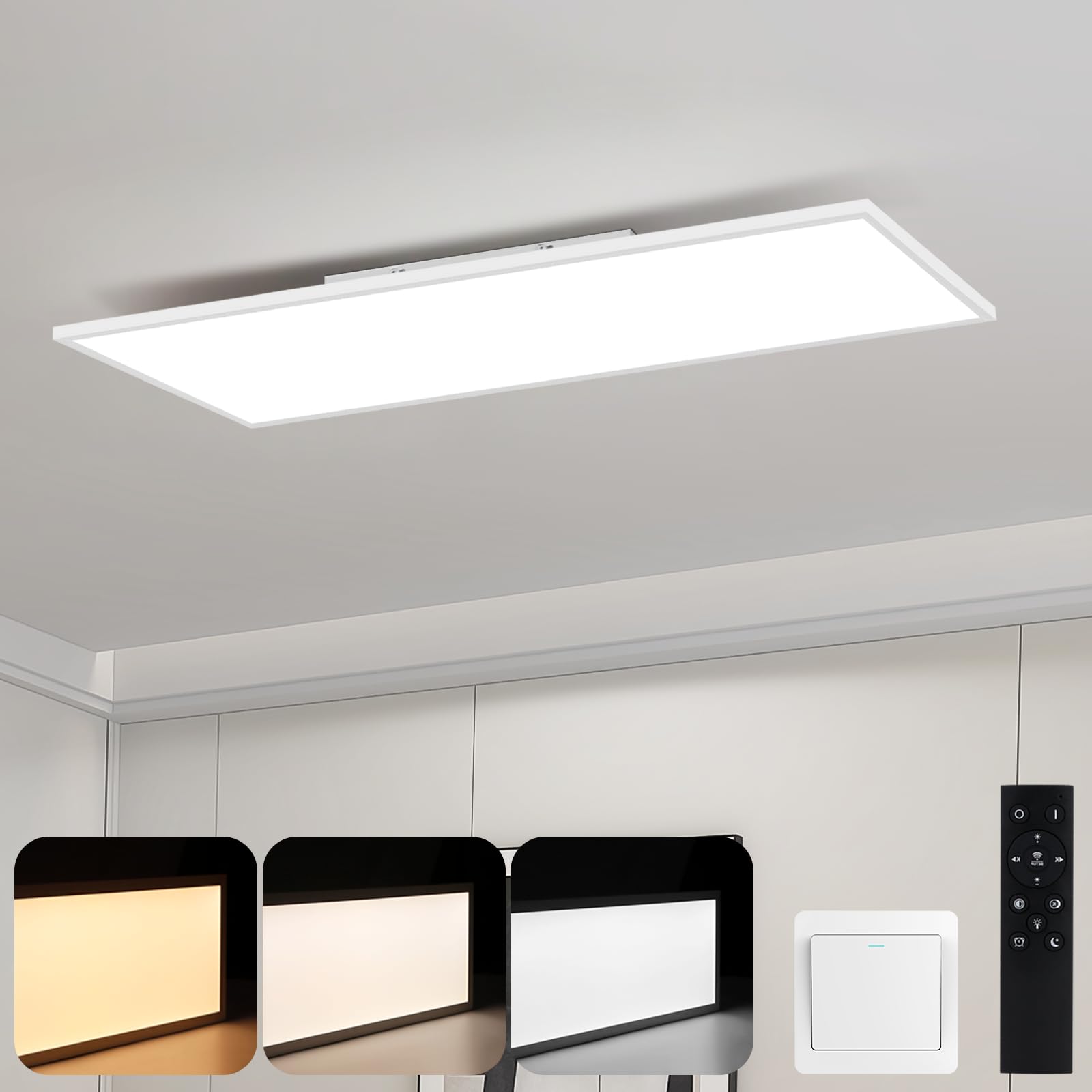 LED Panel Deckenlampe - 80x30cm Lang Rechteckig Deckenleuchte | Flach 39W Deckenpanel Dimmbar mit Fernbedienung Weiß Küchenlampe Tageslichtlampe für Büro Küche Flur Wohnzimmer Schlafzimmer