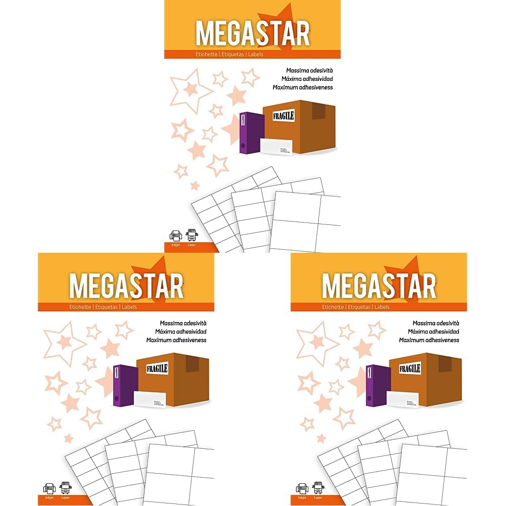 Megastar, Etichette Autoadesive Bianche 70x48mm, A4, laser e inkjet, 100 fogli, LP4MS-7048 (Confezione da 3)