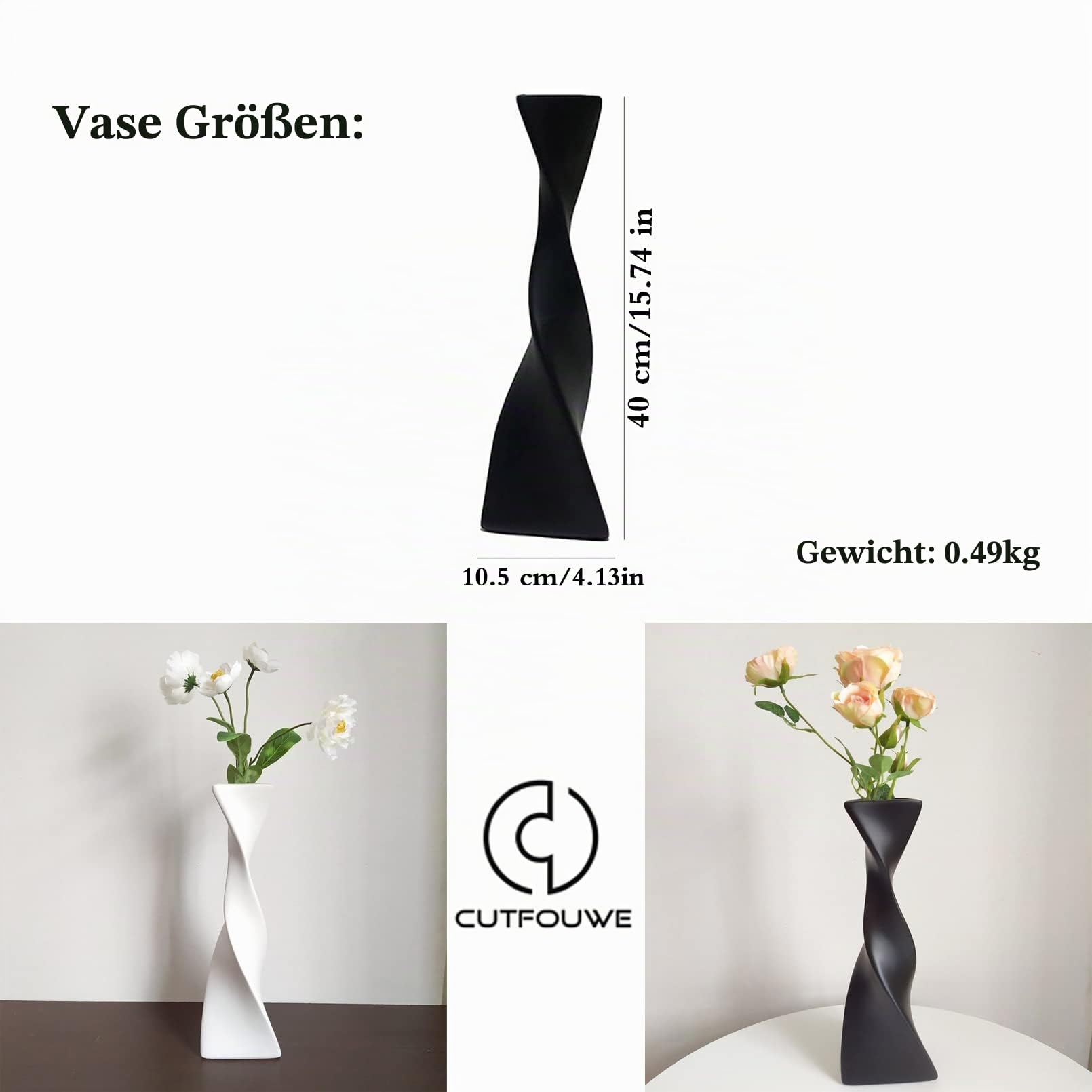 Cutfouwe Schwarze/Weiße Vase-Große Bodenvase-2er Set Moderne Keramik Vase für Pampasgrasfür Wohnzimmer, Küche, Tisch, Hochzeit oder als Geschenk, Höhe 40 cm,Vasen Set