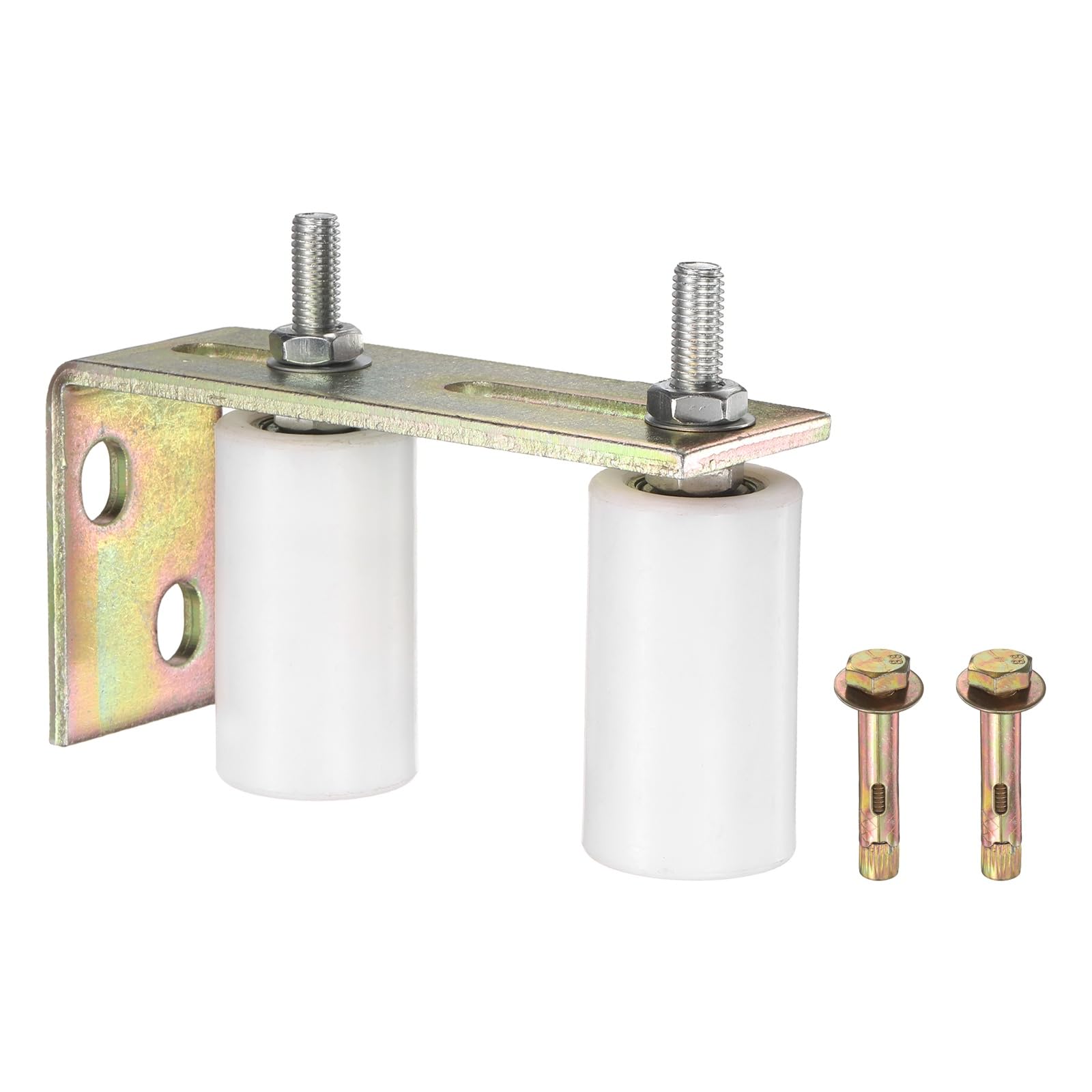 sourcing map 1 Set Slide Gate Guide Roller, 70mm L-Rear Post Bracket Nylon Rollers Gate, Adjustable Sliding Hardware Roller Kit for Sliding Grates Barn Rolling Door 40mm Dia, White