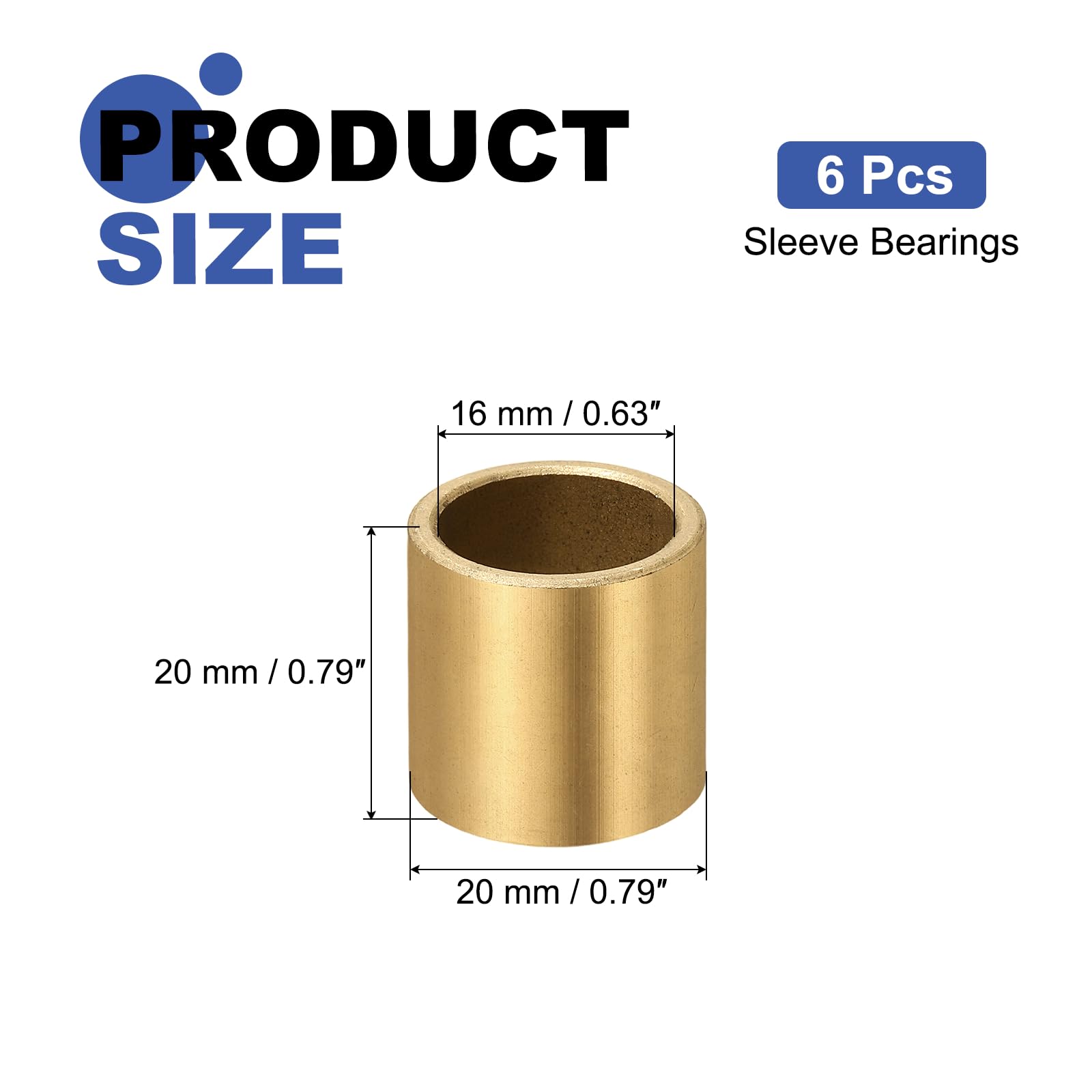 sourcing map Lot de 6 roulements à manchon, alésage de 16 mm x 20 mm de diamètre extérieur x 20 mm de longueur, bagues auto-lubrifiantes en bronze fritté