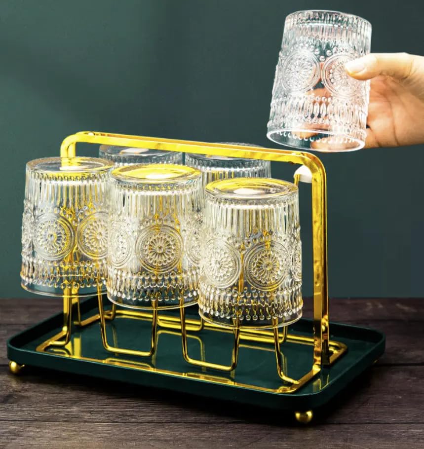 Image of Whiskey Glasses Set of 6 pcs- 300 ml Bar Glass for Drinking Bourbon, Whisky, Scotch, Cocktails, Cognac- Old Fashioned Cocktail Tumblers (4, Embossed)