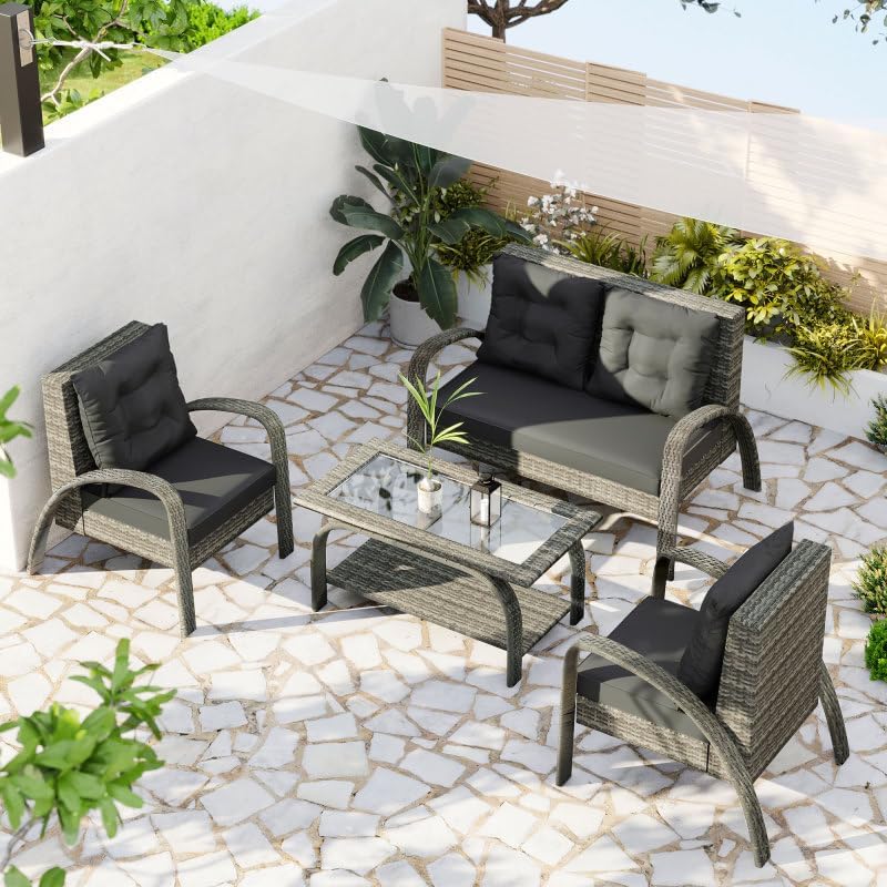 Outdoor Furniture Set, Outdoor Furniture,Patio Conversation Sets, 4 PCS Outdoor Patio Furniture Rattan Sofa Set, All-Weather PE Wicker Conversation Set with Tempered Glass Table and Cushion Gray