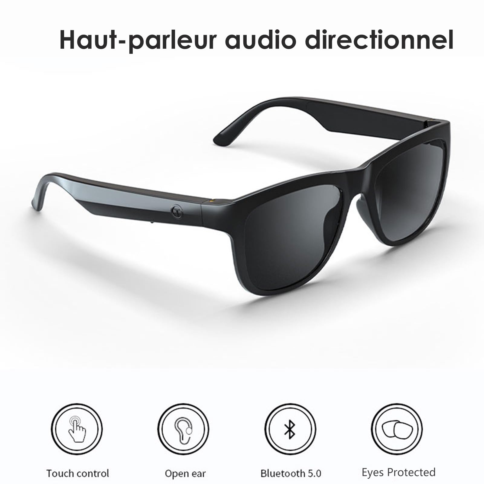 Lunettes Connectées tactil Contrôle Homme Smart Glasses Lunettes Intelligentes Ecouteur sans Fil Smart Glasses pour Android iOS Musique Telephone Sport Velo Assistant Vocal Etanche