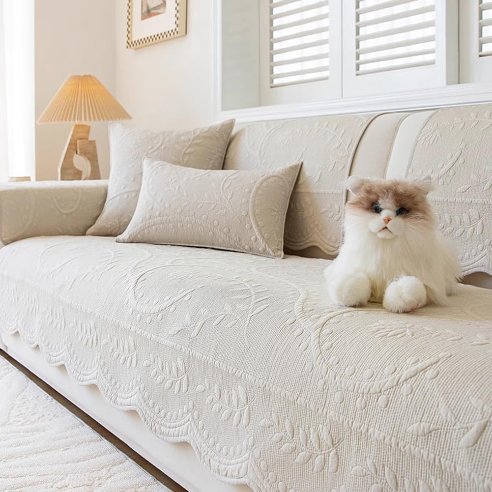 XSlive Leaf Floral Cotton Quilted Dog Couch Cover for Sofa Farmhouse Rustic Embroidered Sectional Couch Cover Soft Anti-Slip Sofa Slipcover Furniture