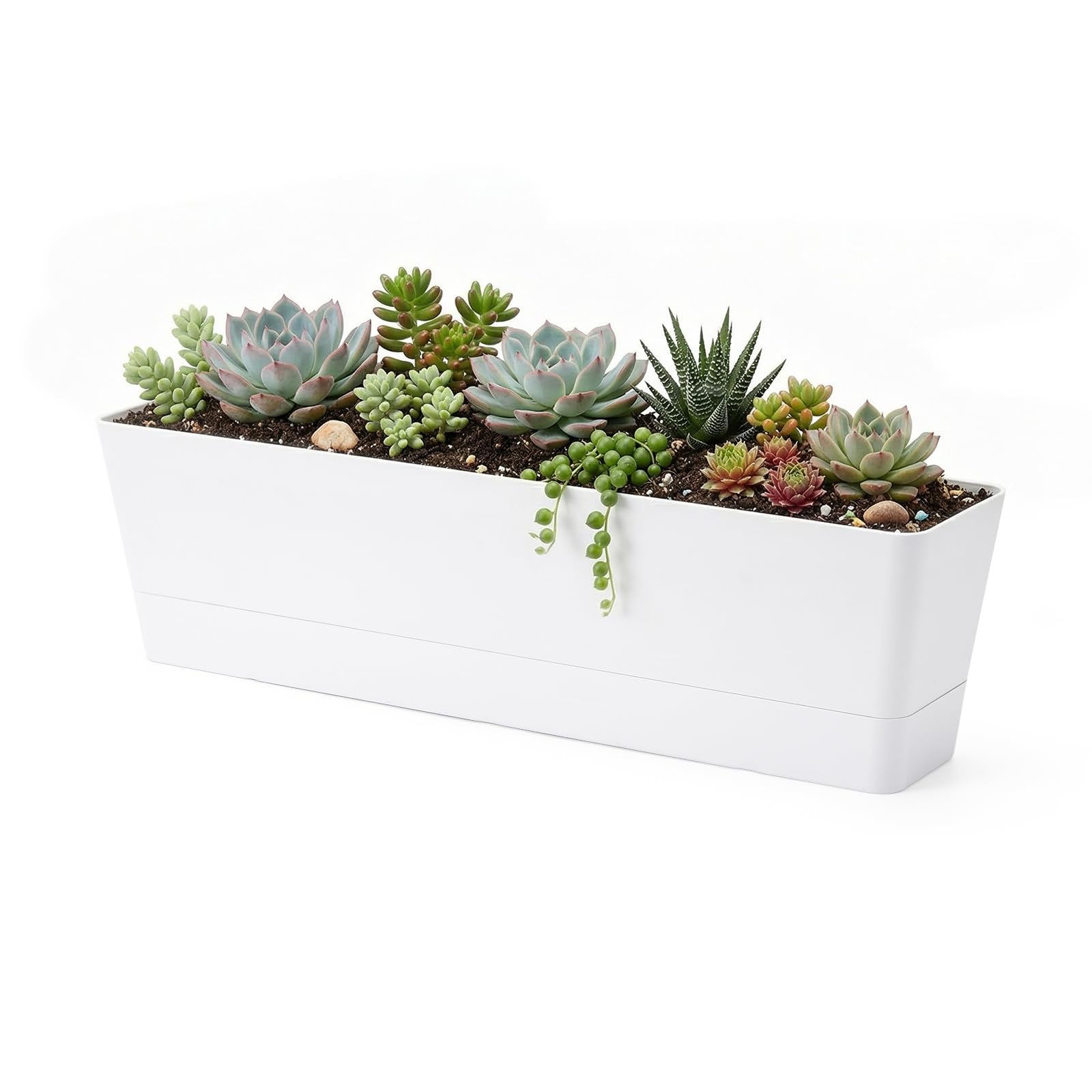 Duże skrzynki okienne, Greaner, 1 szt., 40 x 9 cm, białe doniczki na zioła, z tacą, do wewnątrz, sukulenty, plastikowa, prostokątna doniczka na balkon, do biura, ogrodu, na zewnątrz, parapet