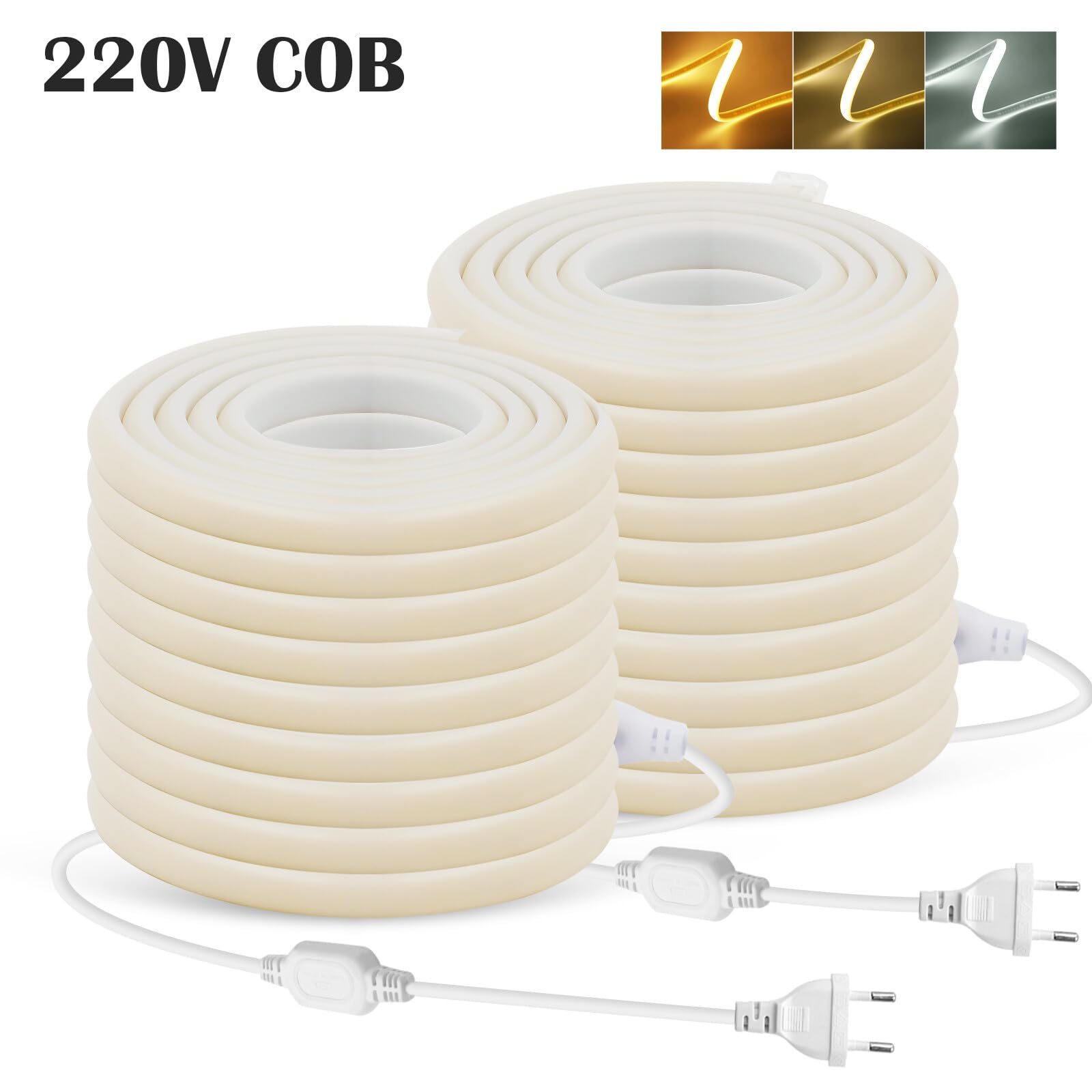 Tira de LED COB [100M, Blanco Cálido 3000-3500K], 220V Cortable Impermeable Flexible FCOB LED Neón CRI90+, Decoración Dormitorio Cocina Tienda Hogar