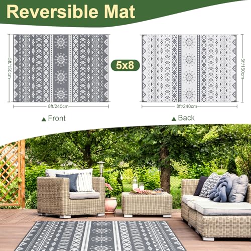 MOKANI Outdoor Teppich Wetterfest, Wendbarer Balkon Camping Teppich 150x240 cm, Kunststoff Stroh Terrasse Matte UV-beständige Outdoorteppich Rug Carpet für Garten RV Picknick, Boho-Style, Grau