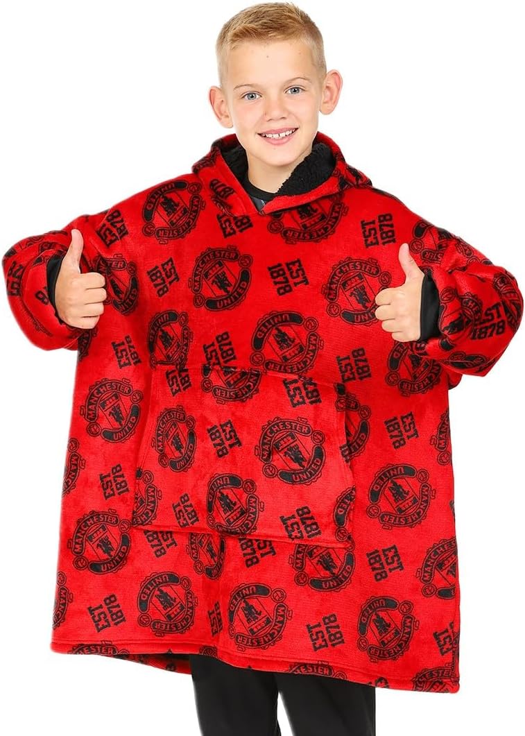 Football Club Boys Fully Lined Luxury Fleece Hoodie, Oversized Fleece Blanket Hoody 7-13 Years Red