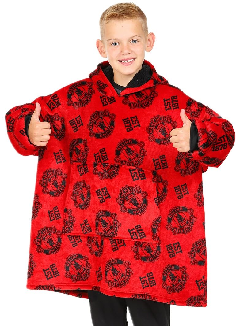 MANCHESTER UNITED FC Boys Sherpa Fleece Hoodie Blanket, Red, One Size