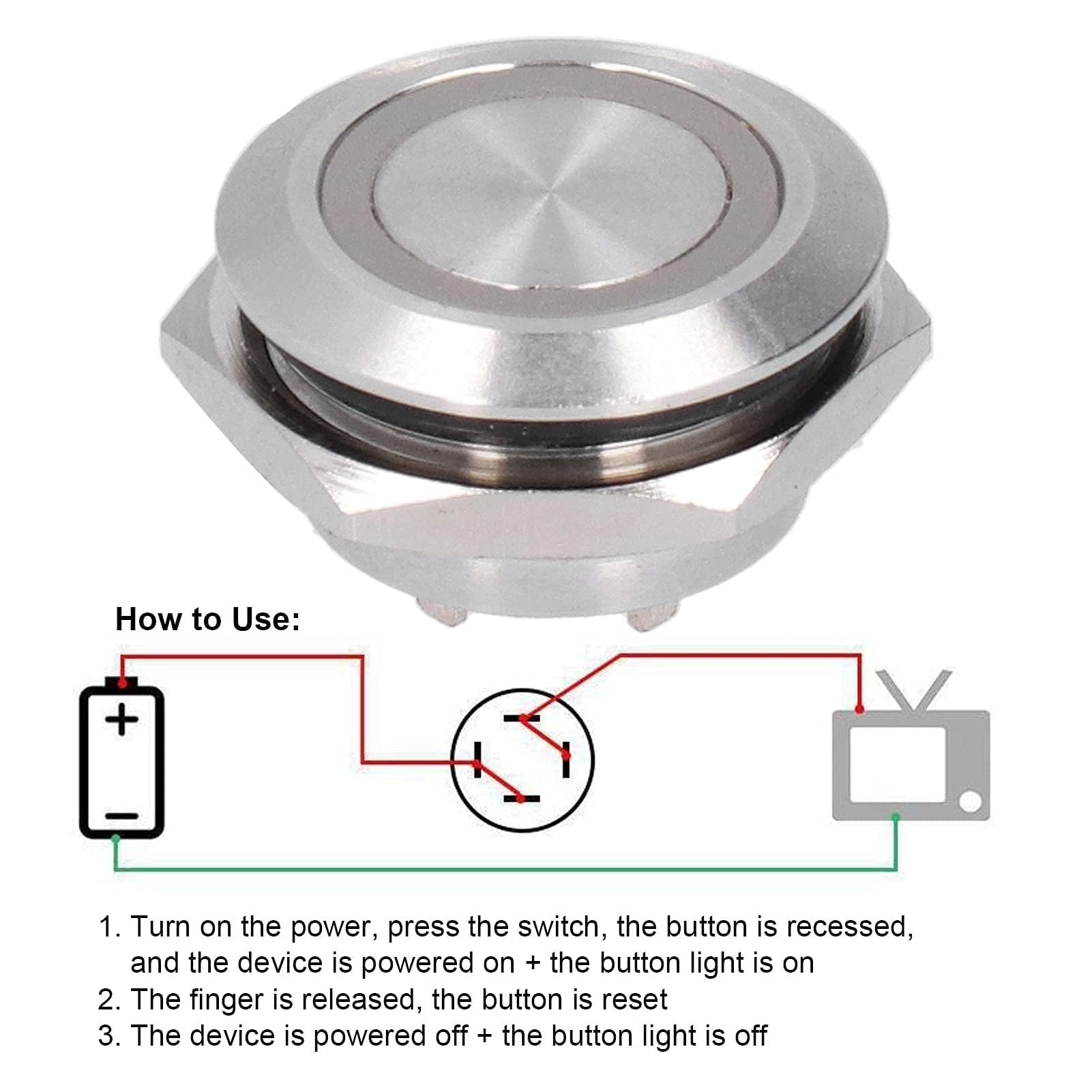 5 Pcs Momentary Led Push Button Switch, Stainless Steel Round Starter Power Switch Short Touch Self Reset Waterproof(Green, DC 3-6V)