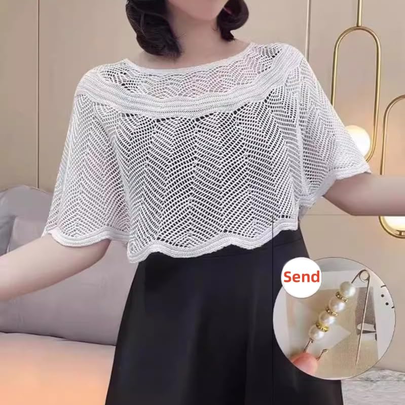 Image of Knitted Shrug for Women, Hollow-Out Cover Up, White | Lightweight Cotton Blend With Scoop Neck And 20-Inch Length For Dresses, Camisoles And Tops For Casual