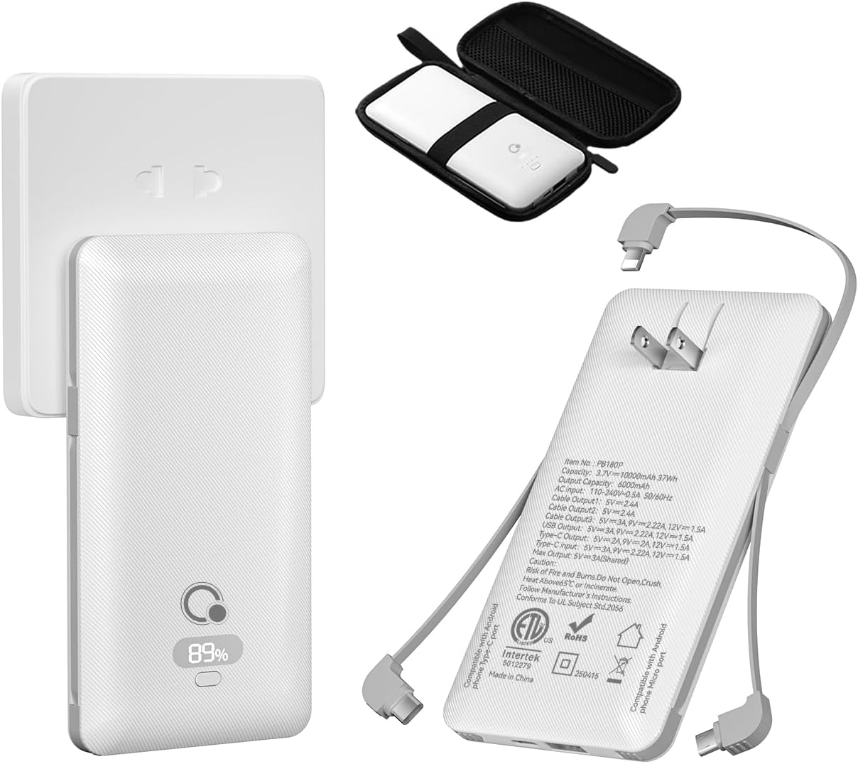 Brand Q 10000mAh Portable Charger with Built-in Cables and AC Wall Plug, USB C Fast Charging Power Bank with 3 Cords,5 Output External Battery Pack Compatible with iPhone,Tablet and All Smart Phones