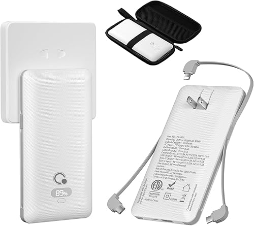 Miniatura 1 de Brand Q Cargador portátil de 10000 mAh con cables integrados y enchufe de pared de CA, cargador USB C de carga rápida con 3 cables, batería externa