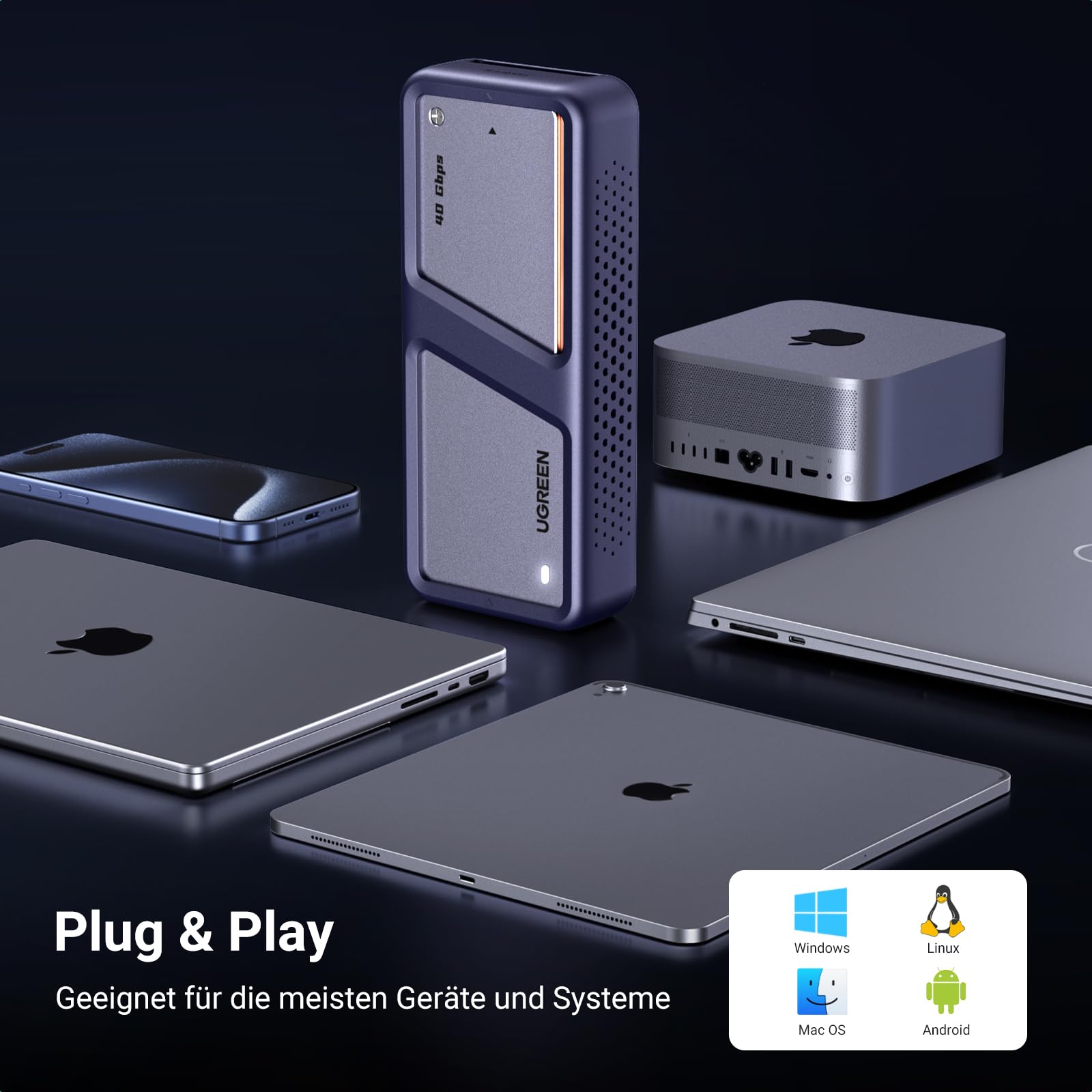 UGREEN USB 4 M2 Gehäuse, 40Gbps NVMe Gehäuse mit leistungsstarker Kühlleistung, USB M2 SSD Adapter für Datenspeicher, kompatibel mit MacBook Pro M5 Pro/M5 Max, HP Celeron N4120, Mac mini M4