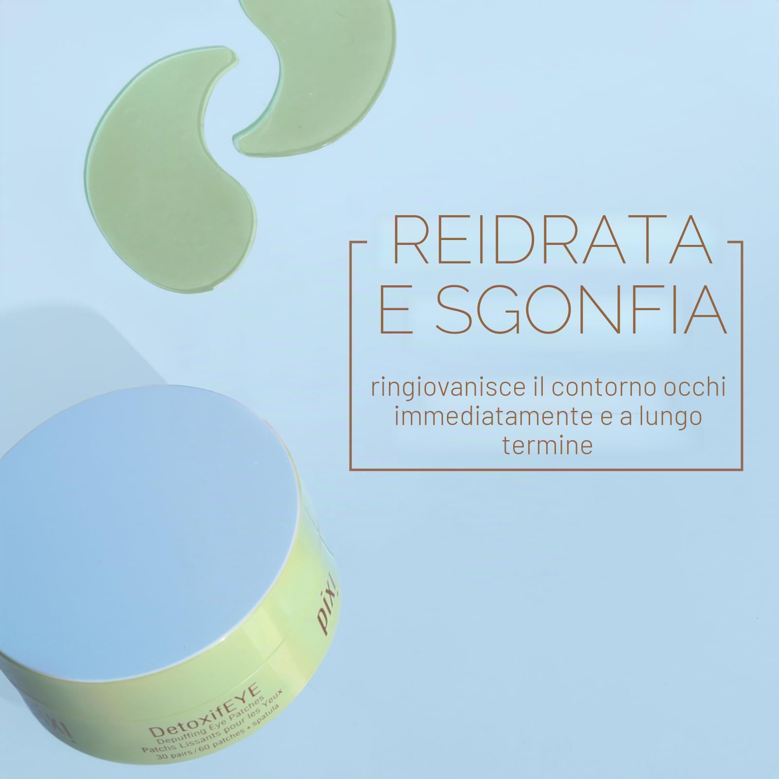 Pixi Detoxifeye Depuffing Hydrogel Under Eye Patches, Acido Ialuronico, Gold Caffeine Eye Patches per la zona sotto gli occhi, Idrata la zona degli occhi, 30 paia, 60 cerotti