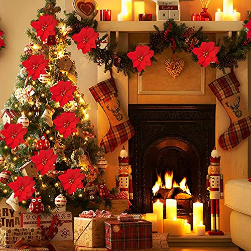 Melajia 6 Pack Christmas Artificial Flowers Gift Red 7 Heads Velvet Poinsettia Floral Bouquet Winter Holiday Decoration Indoor Or Outdoor Use #TOP4