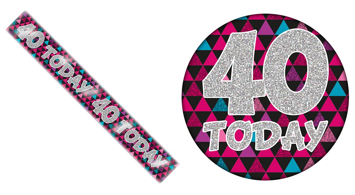 Age 40 Pink, Purple, Black And Silver Holographic Shiny 40th Birthday Party Kit Set (Banner And Giant Badge)