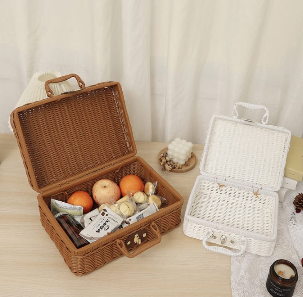 Koszyk Piknikowy Rattanowy kosz piknikowy na zewnątrz walizka do przechowywania w stylu wiejskim z podwójnym uchwytem żywności Plenerowy(White,30 * 21 * 13cm)