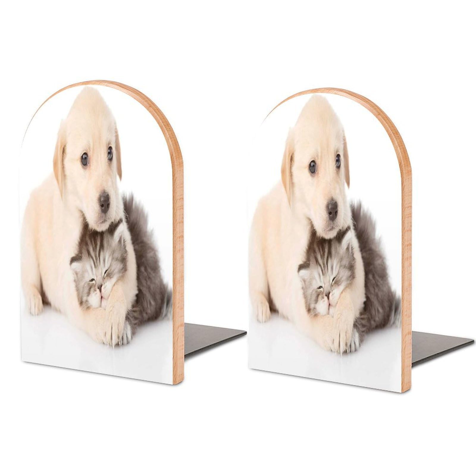 Puppy Dog Hugging British Cat Isolated On White Background Beech Wood Bookends Heavy Duty Book Organizers Desktop File Holder for Office Home Bookshelf
