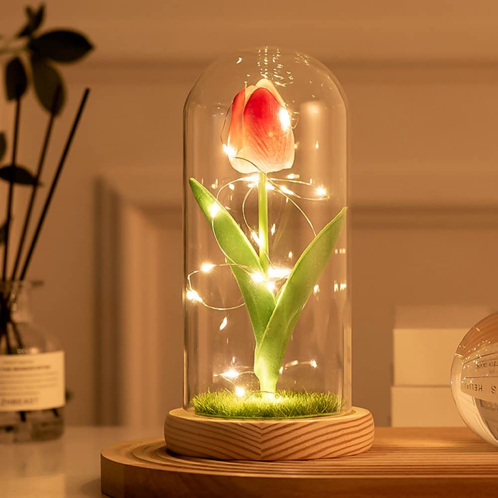 Goodern Artificial Tulip Birthday Gift for Women,Preserved Tulip in Glass Dome with LED Light,Enchanted Tulip Romantic Decoration for Wedding,Best Gifts for Her Lover Mom Teacher and Friends-Rose Red
