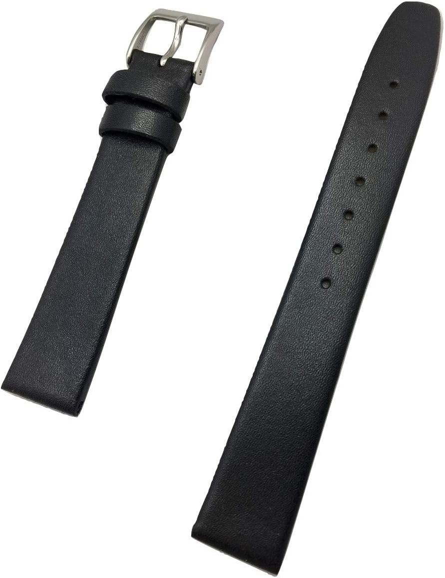 NewLife 16mm Black, Flat, Elegant Calfskin Leather Watchband | Smooth Genuine Leather Replacement Wrist Watchstrap that brings to Any Watch (Mens Standard Length)
