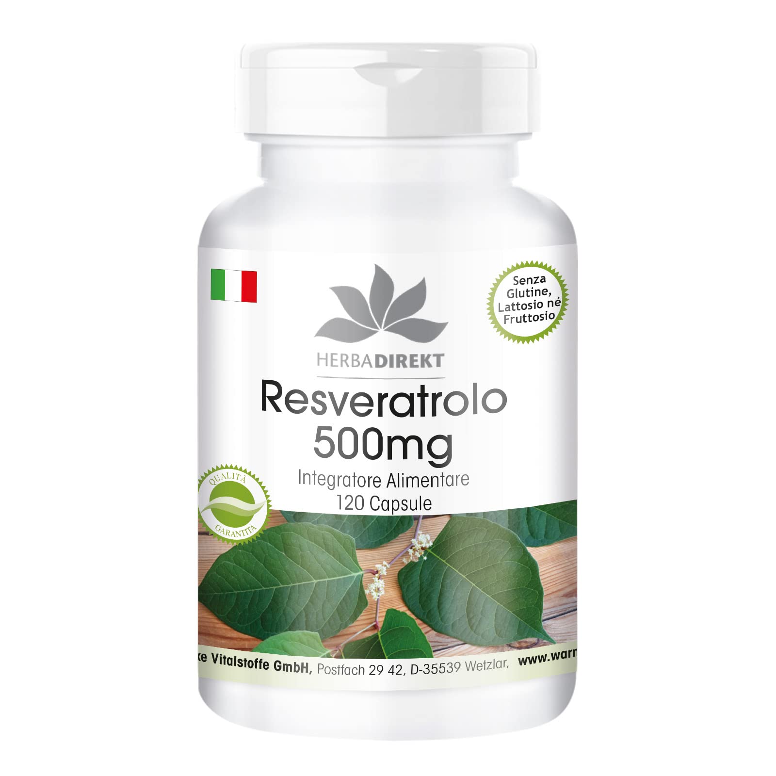 Resveratrolo 100% 500mg - Estratto di Fallopia Japonica - 60 Capsule - Vegan | HERBADIREKT by Warnke Vitalstoffe - Qualità da farmacia tedesca