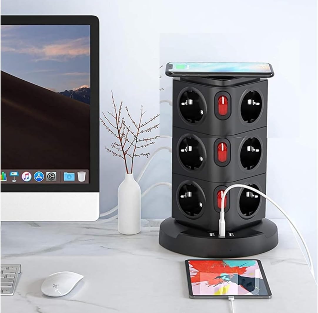 Vetech Akım Korumalı Priz Kule Tipi Kablosuz Şarj İstasyonu 12x Priz, 2x Type-C, 1x USB Girişli 2mt Kablo