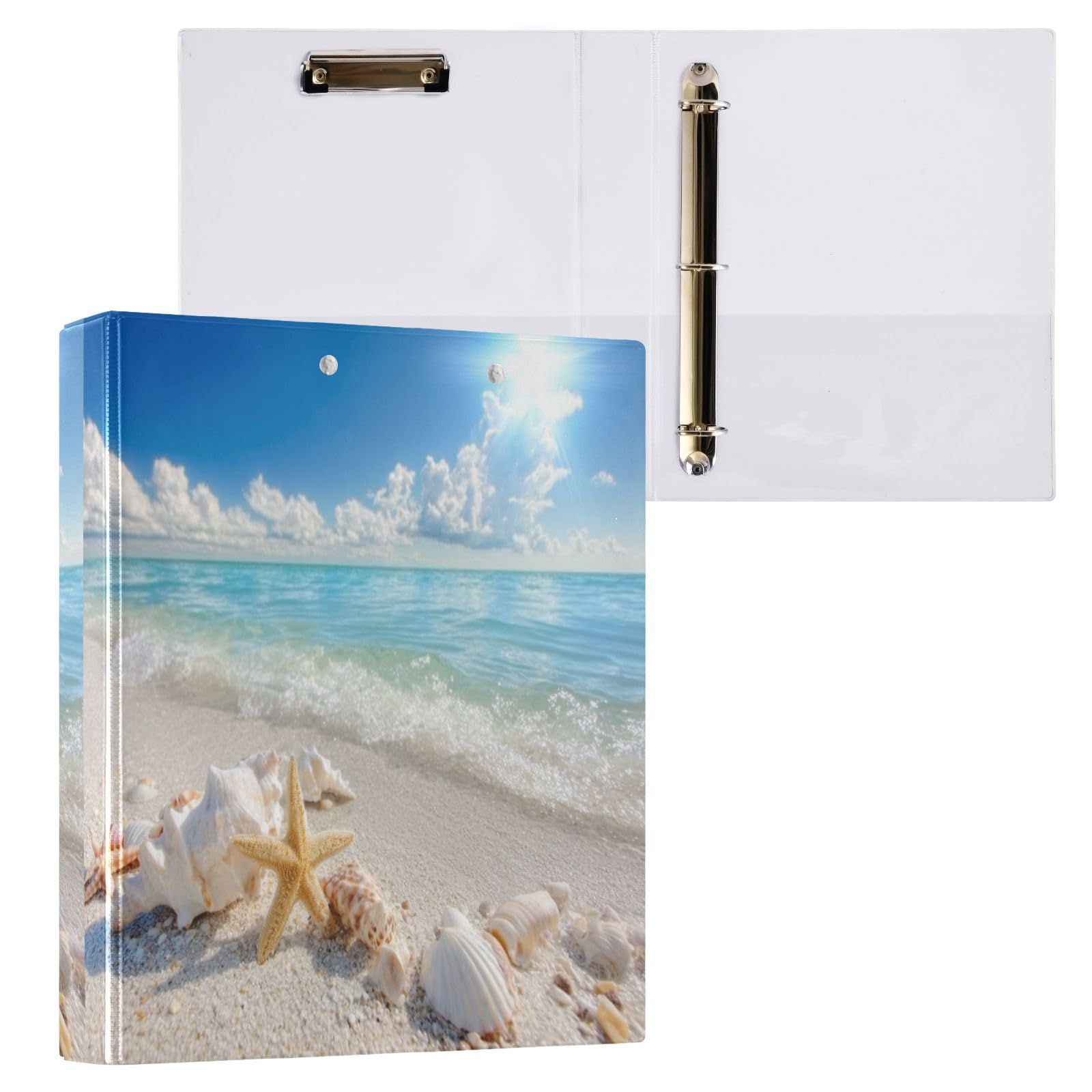 Kcldeci Raccoglitore a 3 anelli con copertina rigida, per carta formato lettera, conchiglie, stelle marine e conchiglie, anelli rotondi da 3,8 cm, organizer per scuola/ufficio, confezione da 2