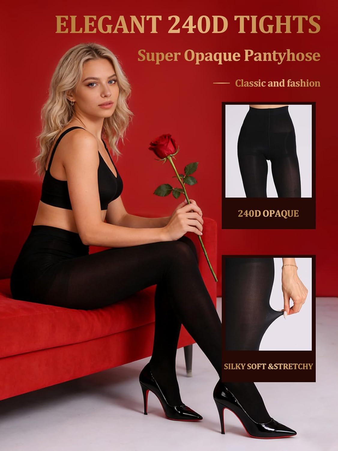 MERYLURE 240D Soft Opaque Tights for Women, Solid Color High Waist Control Top Pantyhose - Image 3