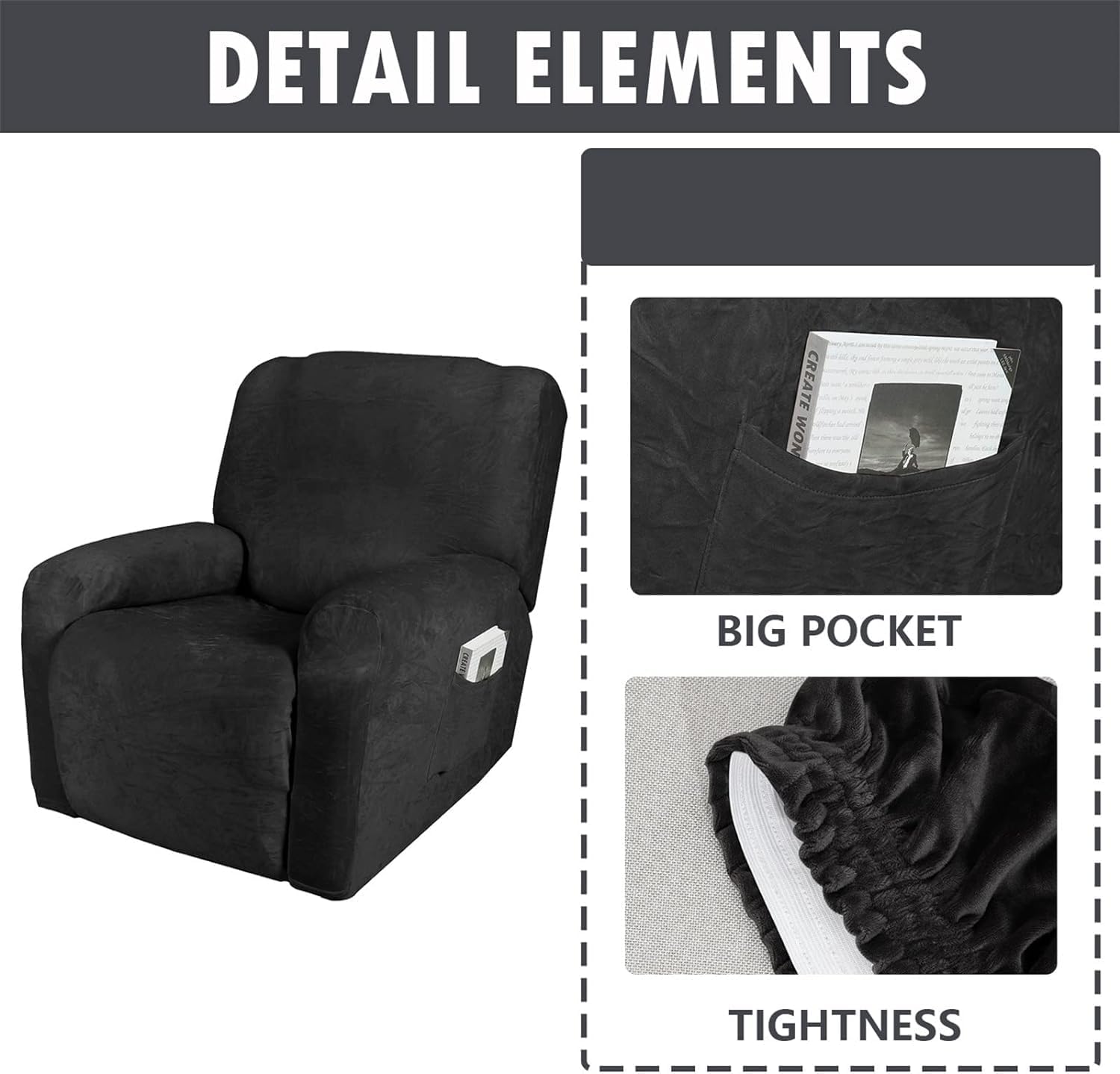 Recliner Chair Covers, Stretch Recliner Cover, Recliner Cover with Pockets, Armchair Cover for Living Room,Washable Furniture Cover