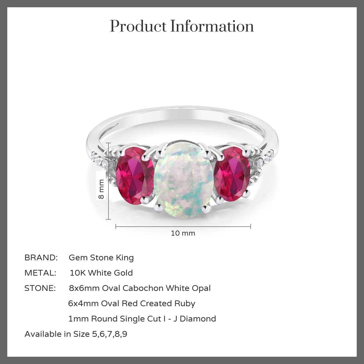Gem Stone King 10K White Gold Simulated Opal Red Created Ruby and Diamond Accent 3-Stone Engagement Ring | 2.10 Cttw | 3 Stone Wedding Anniversary Promise Ring For Women - Image 4