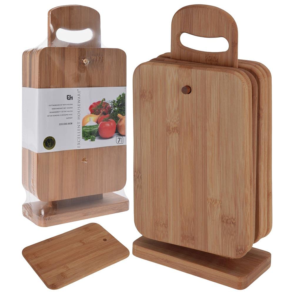 Allesken - Set van 4 bamboehouten snij/serveer/ontbijt planken op een houten standaard