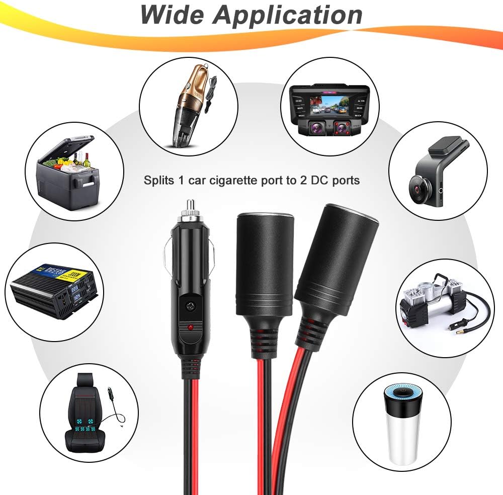 Car Cigarette Lighter Splitter Adapter 2 Socket, Electop 1 to 2 DC 12V 24V Cigarette Lighter Power Charger Port 2-Way Splitter, 5 inch 16AWG Extension Cord Cable UL Wire with 15A Fuses