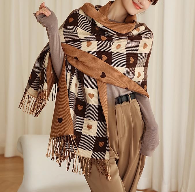 Women Cute Heart Graphic Plaid Scarf Long Large Oversized Shawl Scarf Soft Checkered Wrap Scarves for Valentine's Day3