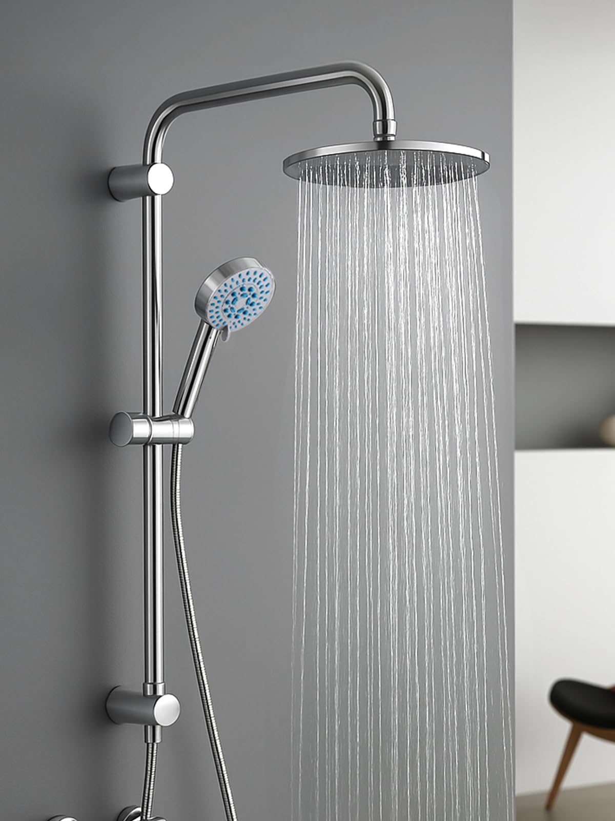 Crownshop Women's Silver Shower Set Shower Riser Rail 8" Round Shower With Twin Heads Adjustable Overhead Rainfall Bathroom Shower Shower Head Handheld Shower Hose And Riser Rail Kit