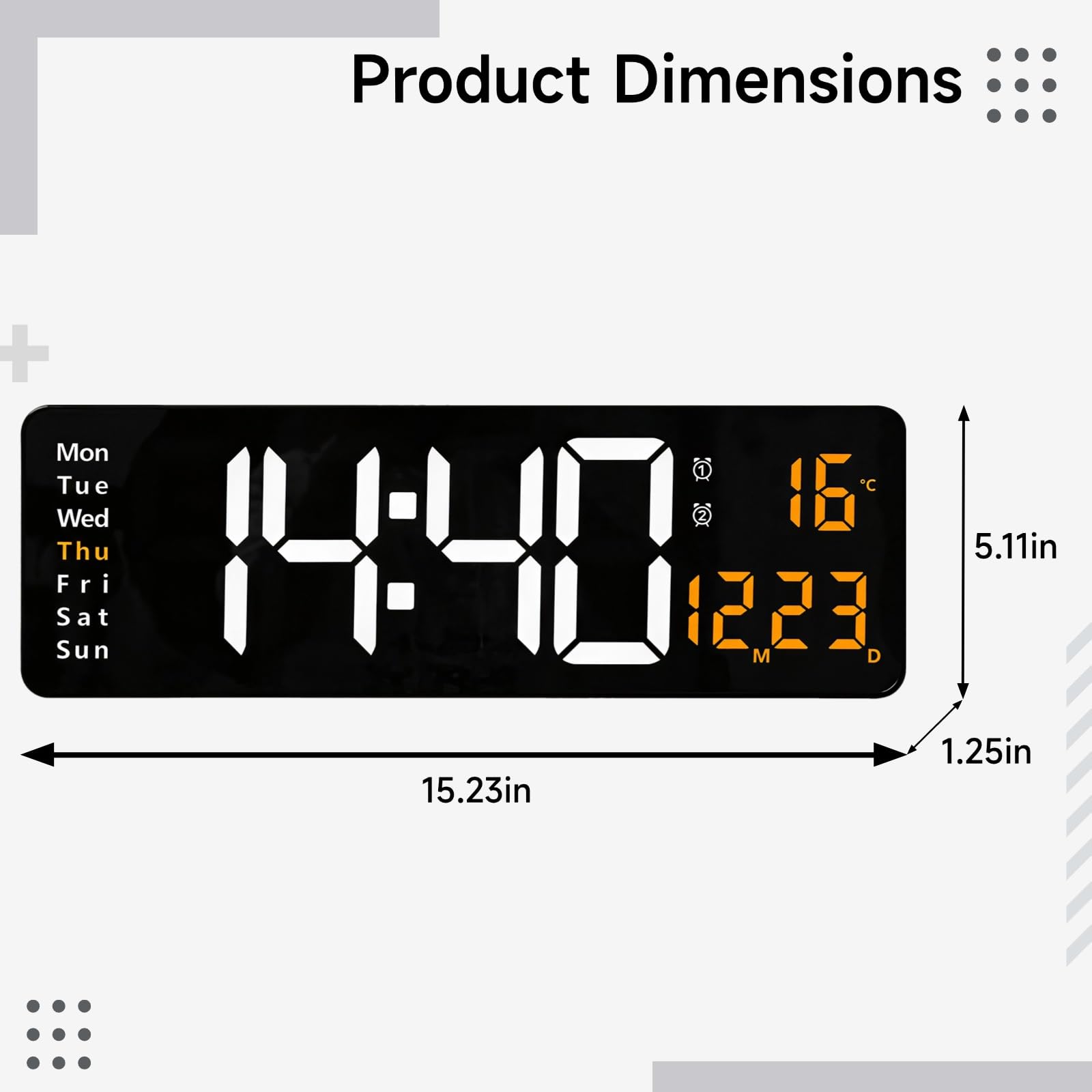 PONDON Orologio da parete digitale da 40,6 cm, display a LED con telecomando, luminosità automatica, arancione, ora, data, temperatura, per cucina, ufficio
