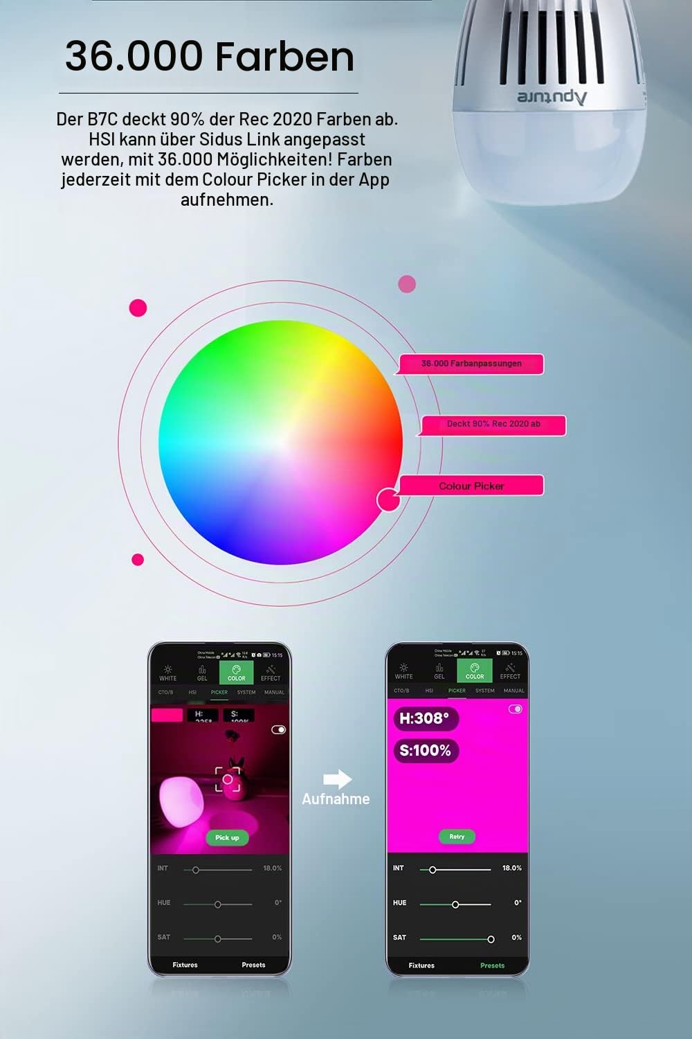 Aputure Accent B7C Smart Led Glühbirnen 7W RGBWW, TLCI 96+ CRI 95+ 2.000-10.000K, Einstellbar 0-100% Stufenlos Dimmbar, CCT/HSI/FX Modus Sidus Link App, Steuerung Eingebaute Batterie/AC Power