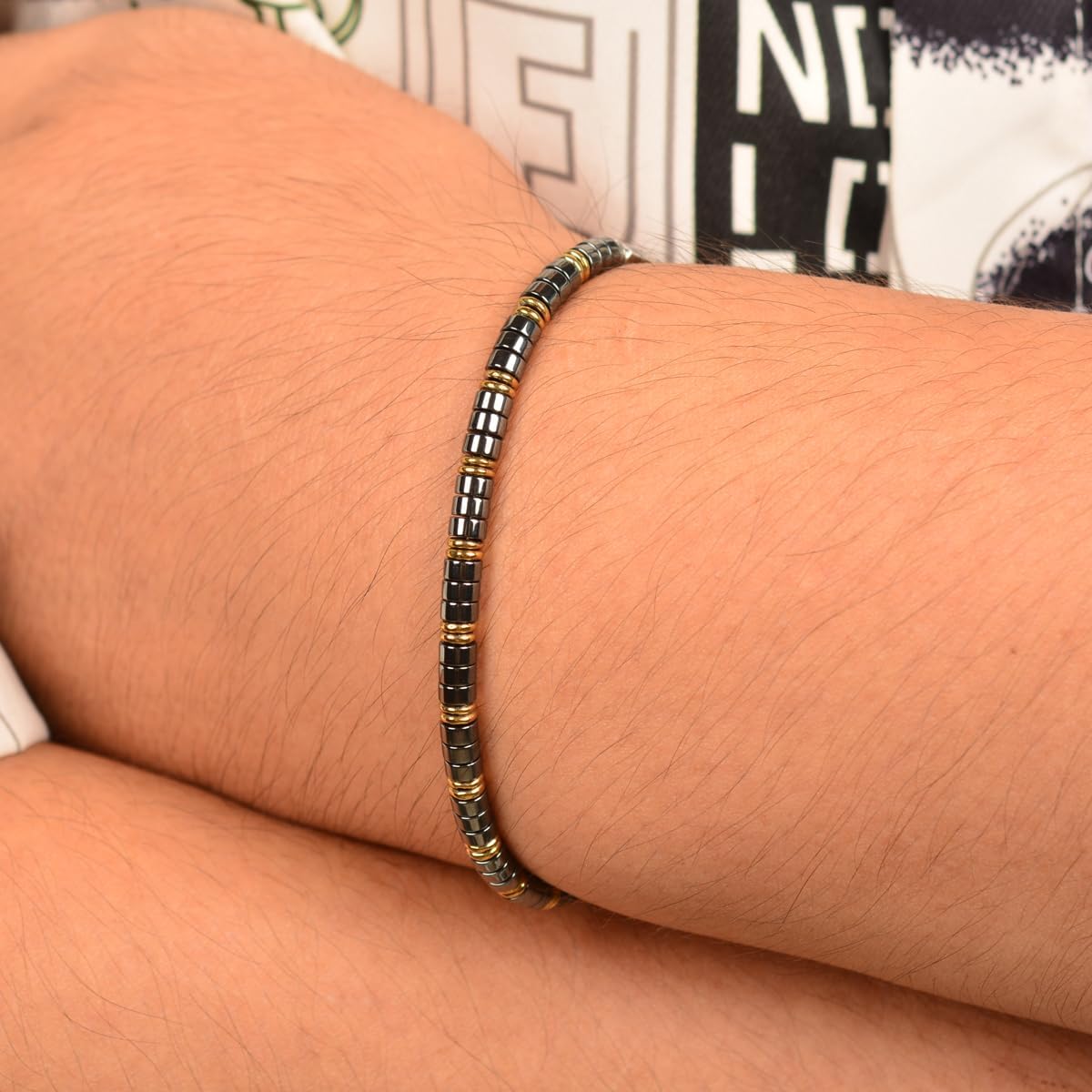 Hematite Beads Bracelet for Men, Dual-Clasp Adjustable Stainless Steel Clasp, Handmade Beaded Jewelry with Gold Accents, Ideal Gift for Dad, Husband, Father's Day, Birthday