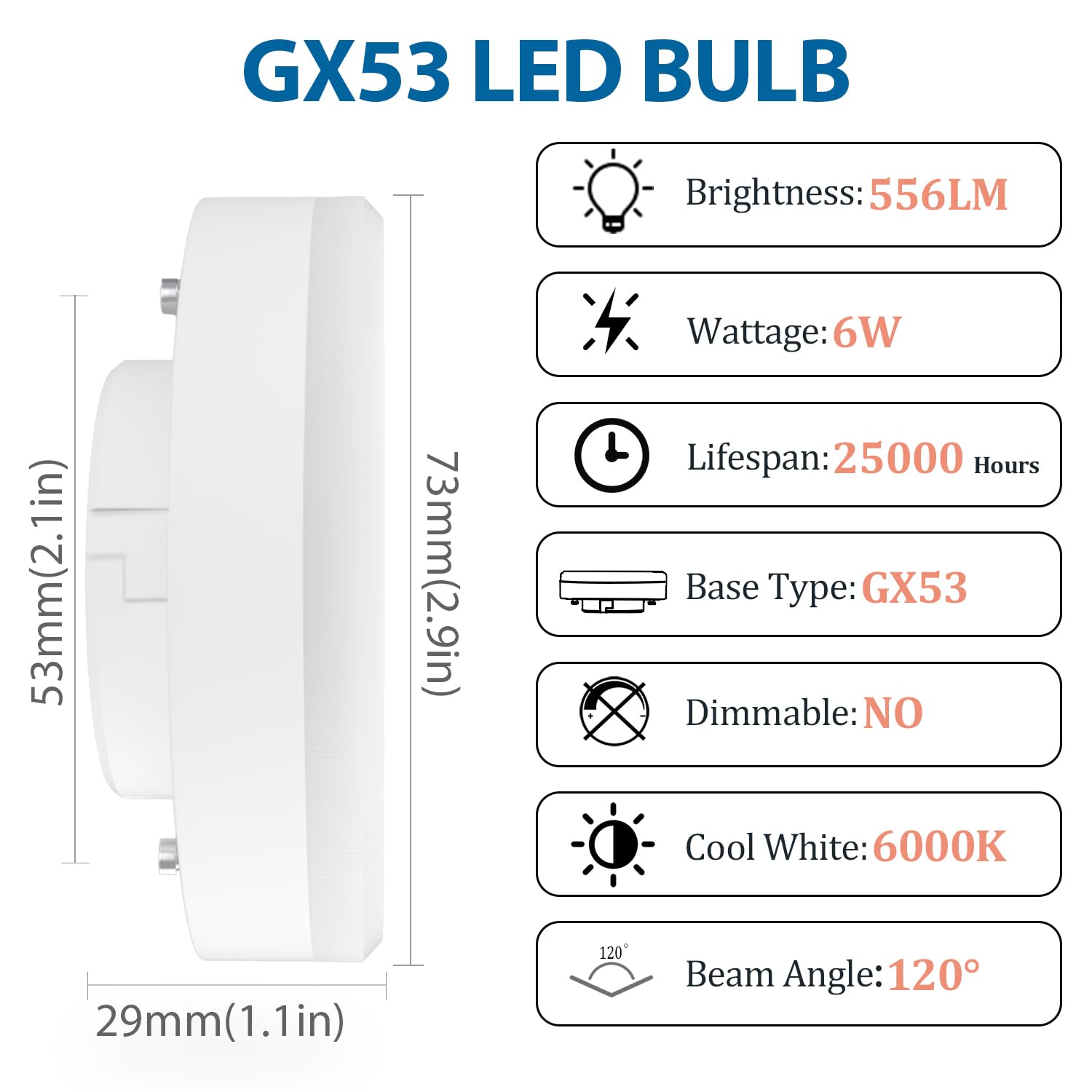 LUTW GX53 LED Bulb Cool White, 6W Replace 50W Halogen or CFL Bulbs, 6000K 556 Lumens GX53 Light Bulbs, 120° Beam Angle - Image 2