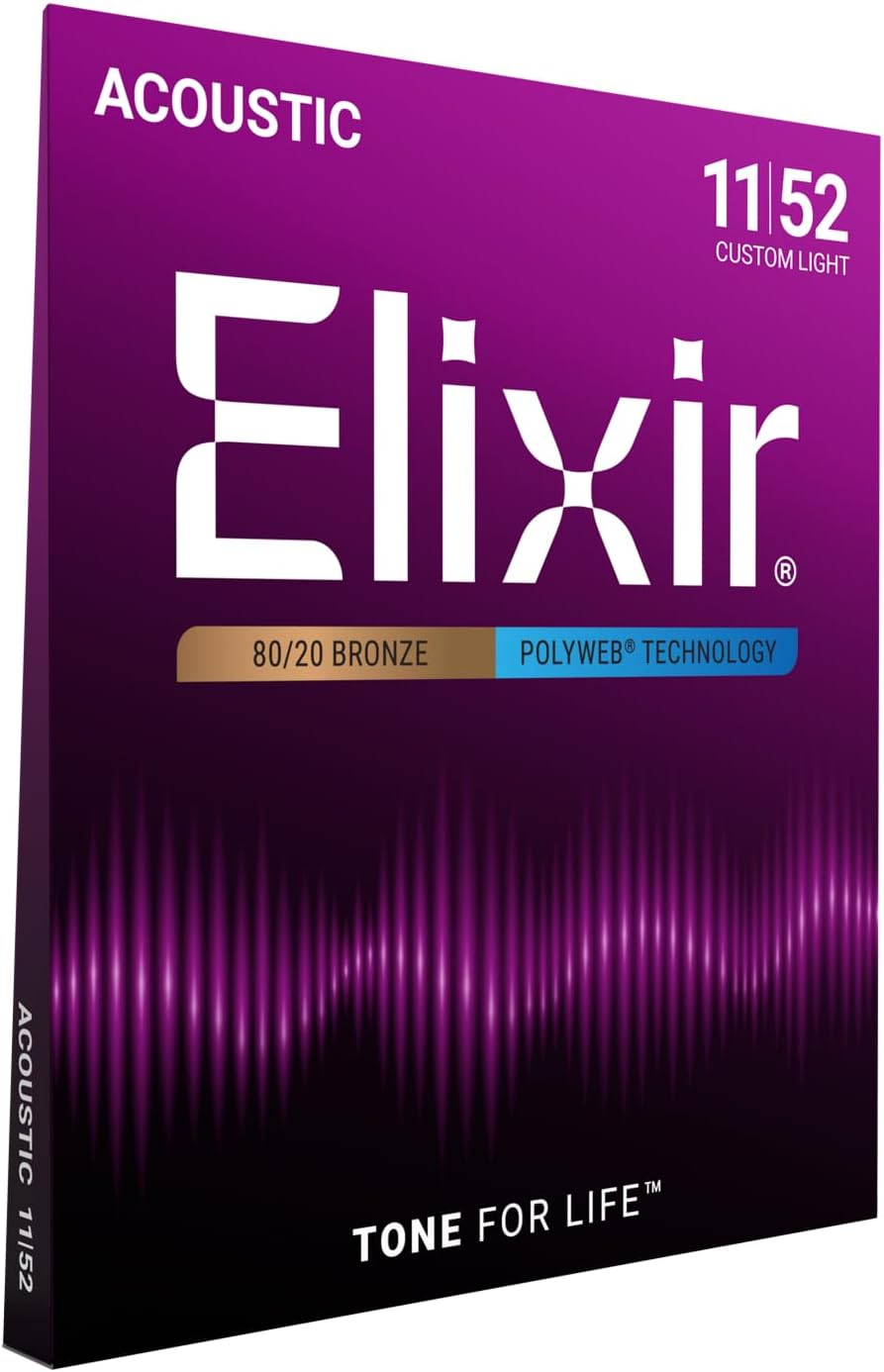 Elixir Strings, Acoustic Guitar Strings, 80/20 Bronze with POLYWEB Technology, Longest-Lasting Warm Tone with Comfortable Feel, 6 String Set, Custom Light 11-52